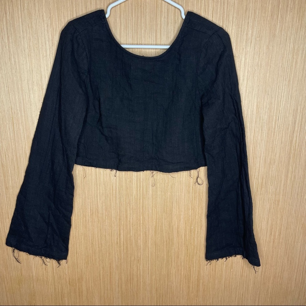 Free people black cropped long sleeve wide fringe arm scoop neck small blouse